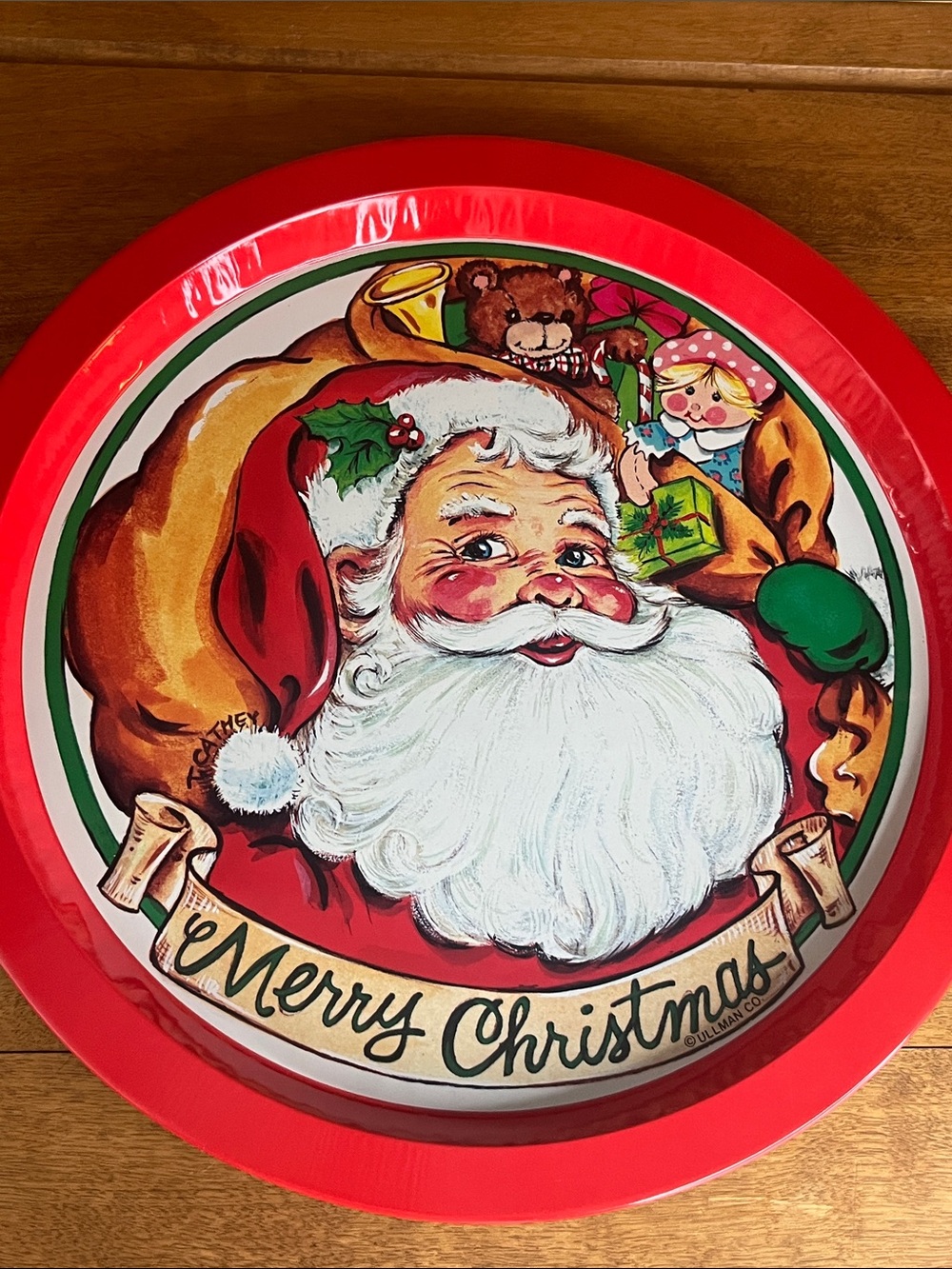 Vintage 13” Metal Santa Serving Tray - Merry Christmas - MJ Designs Tag -  (NOS)